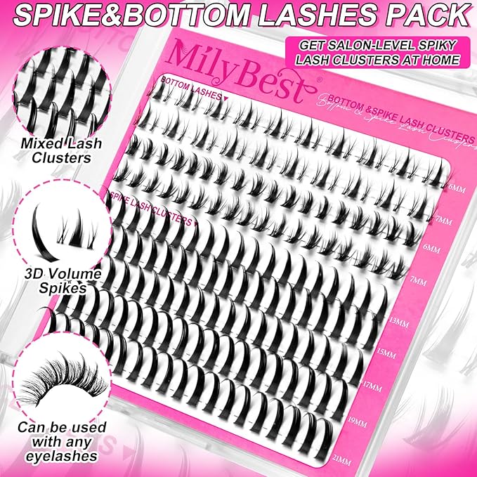 MilyBest Bottom Lash Clusters with Spikes 13-21mm Lash Spikes and 6-7mm Bottom Lashes Wispy Cluster Eyelash Extensions Spiky Lashes Clusters D Curl Eyelash Clusters Manga DIY Individual Eyelashes