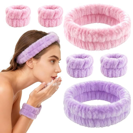 2 Pack Spa Headband and Wristband Set, 2 Hairbands & 4 Wrist Cuffs for Face Washing, Skincare, Makeup, Microfiber Absorbent Wrist Towels and Face Wash Headbands for Women Girls