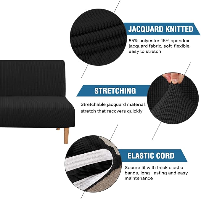 H.VERSAILTEX Armless Futon Cover Stretch Sofa Bed Slipcover Protector Elastic Feature Rich Textured High Spandex Small Checks Jacquard Fabric Futon Cover, Machine Washable, Black