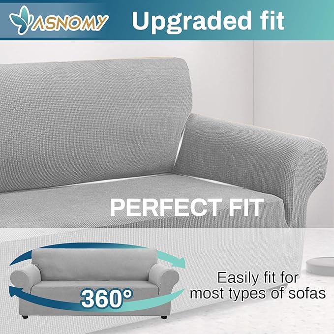 Asnomy Couch Covers for 3 Cushion Couch Stretch Sofa Covers Slipcovers, Pet Protector Furniture Covers for Dogs Cats Spandex Jacquard Fabric Small Checks （Large，Silver）