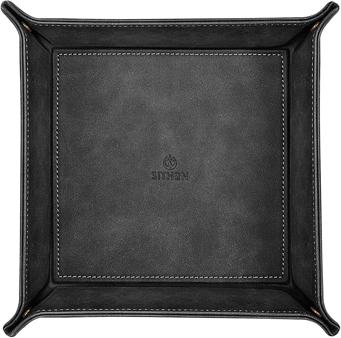 SITHON Valet Tray Desktop Storage Organizer Ã¢ÂÂ Premium PU Leather Catchall Bedside Vanity Tray Nightstand Caddy Holder for Keys, Phone, Wallet, Coin, Jewelry, Valentine's Day Gift, Black