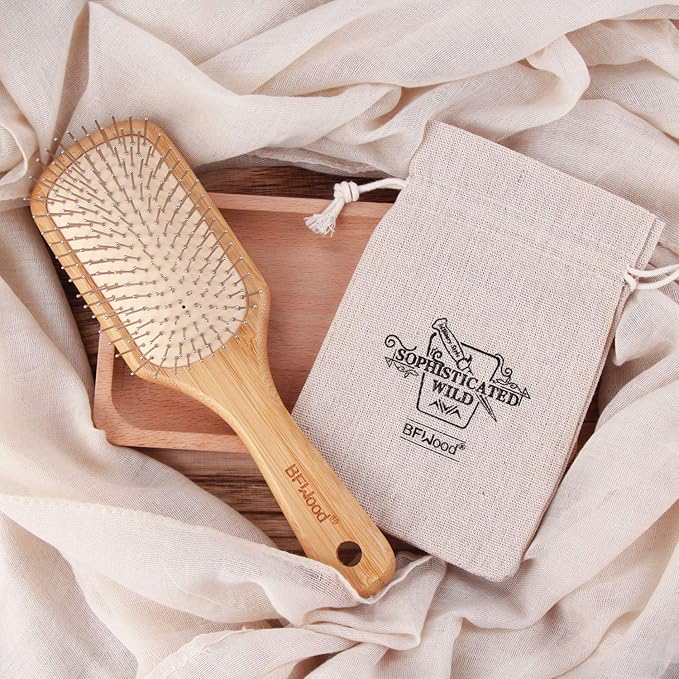 BFWood Bamboo Hair Brush with Steel Bristles, Metal Hair Brush Help Hair Growth and Massaging Scalp, Anti-frizz Metal Detangling Brush Styling Hairbrush