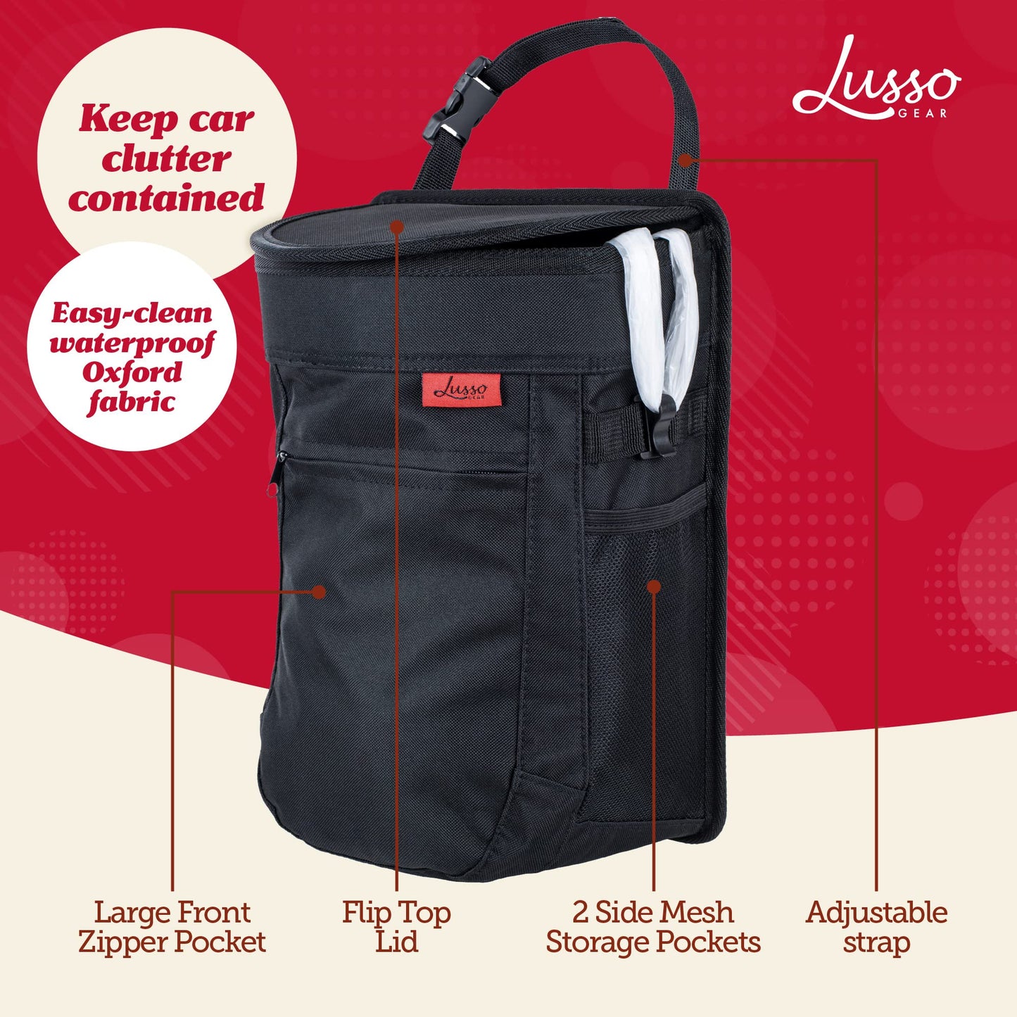 Lusso Gear Car Trash Can - 2.5-Gallon, Black, Round - Leak-Proof & Spill-Proof Lid & Waterproof Removable Liner - Hanging Car Trash Bin & Organizer for SUV, Truck & Minivan
