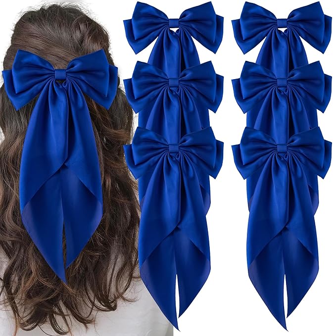 6Pcs Large Bows Hair Clips for Women Girls Long Tail Hair Ribbon Silky Satin Barrettes Coquette Bows Accessories (Royalblue)