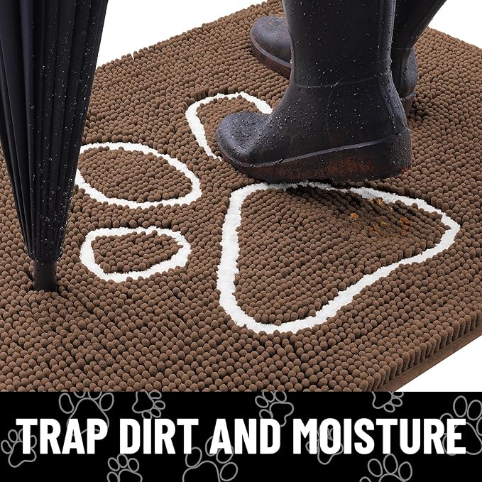 Smiry Dog Door Mat for Muddy Paws, Absorbent Dirt Trapper Non Slip Quick Dry Washable Chenille Mat for Mud Dogs, Entry Rug for Indoor and Outdoor (36x24 Inches, Coffee and White)