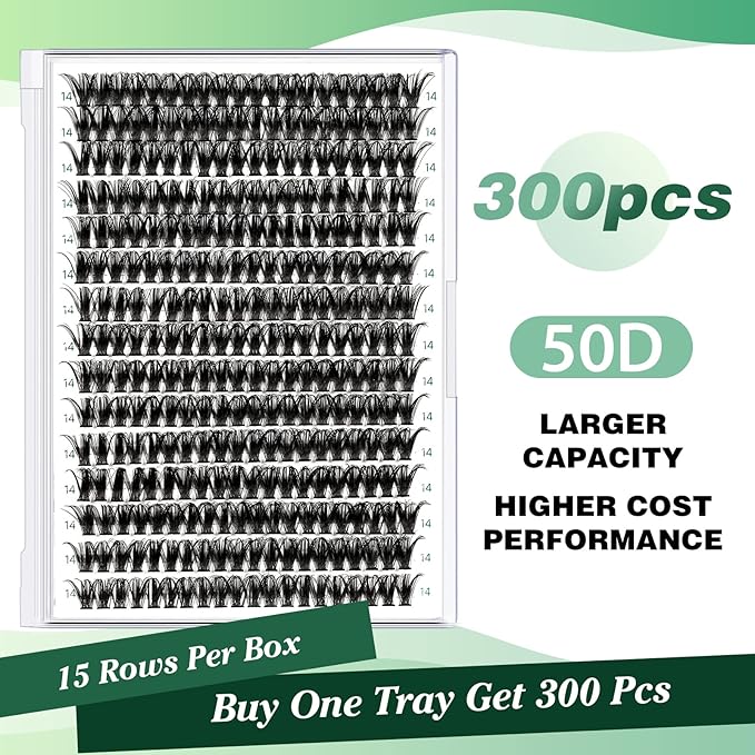 KEYYOU Lash Clusters 300pcs Individual Lashes 50D 0.07D Curl 14mm DIY Eyelash Extension Large Tray Volume Soft&Natural Cluster Lashes(50D-0.07D,14Ã¯Â¼Â