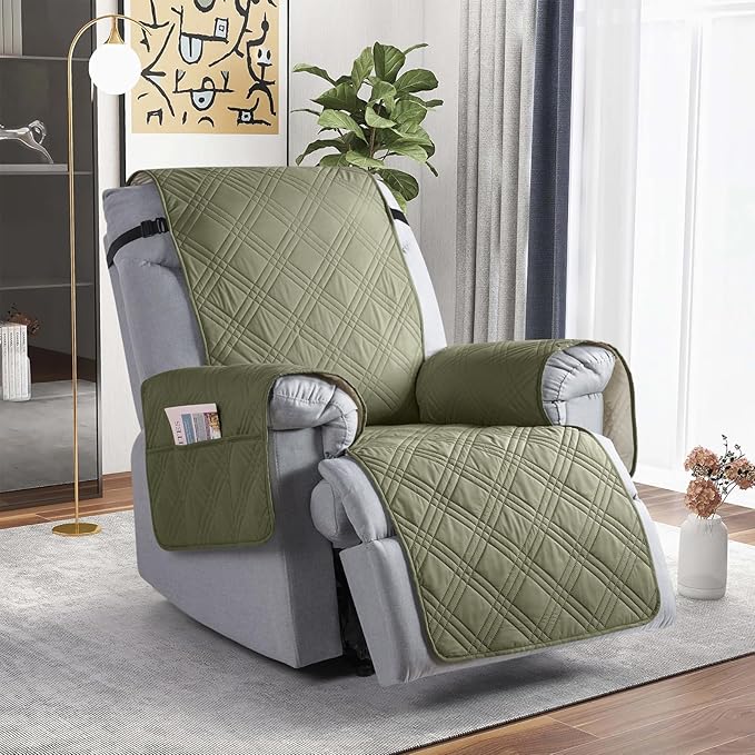 TAOCOCO 100% Waterproof Recliner Chair Cover Stay in Place, Recliner Covers for Small Recliner Chair with Pocket, Reclining Chair Cover Furniture Protector for Kids, Pets(20'', Green)