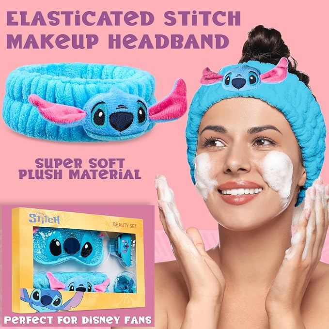 Disney Stitch Beauty Accessories Set with Cooling Eye Mask Gel Eye Pads Fluffy Skincare Headband Hair Claw Clip Relaxing Pampering Gifts for Women, Wife, Girlfriend (Blue)