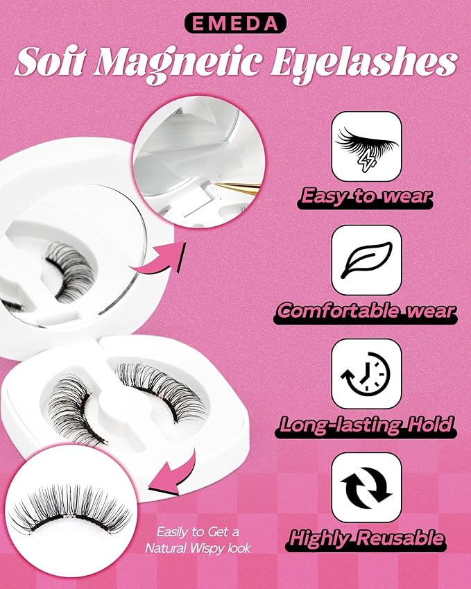 EMEDA Soft Natural Look Magnetic Eyelashes Kit, No Glue Magnetic Lashes with Applicator, Soft Magnet False Eyelashes Kit, Lightweight Natural for Sensitive Eyes, Easy Wear Magnet Lashes Gift Set