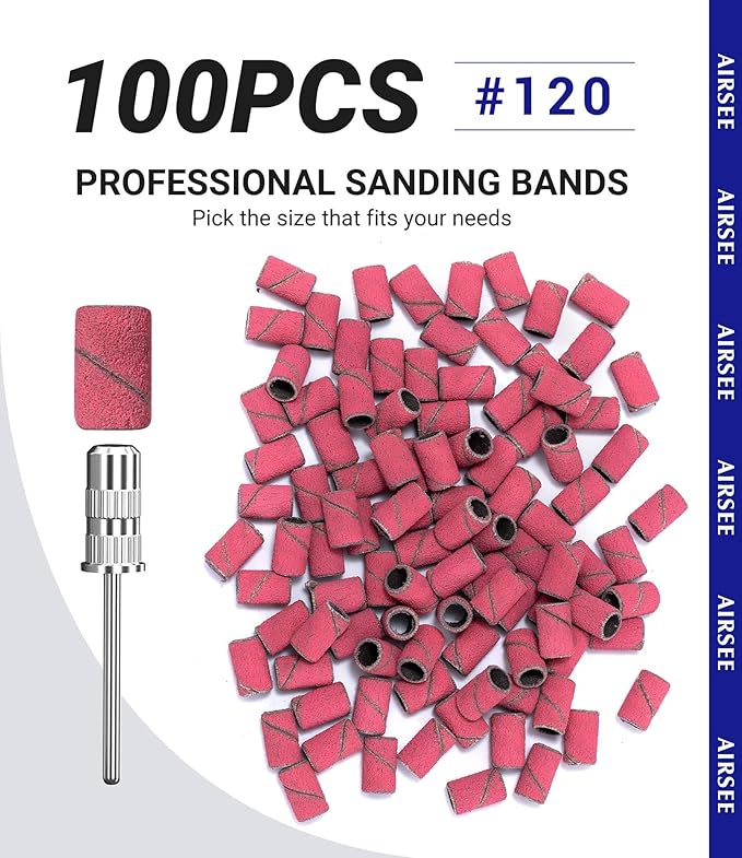 AIRSEE Sanding Bands for Electric Nail Drill 100 Piece Set 120 Grit Coarse Acrylic File Attachments Professional 1 Sander Mandrel Bit Beauty Salon Accessories Manicure and Pedicure Finger Callus Pink