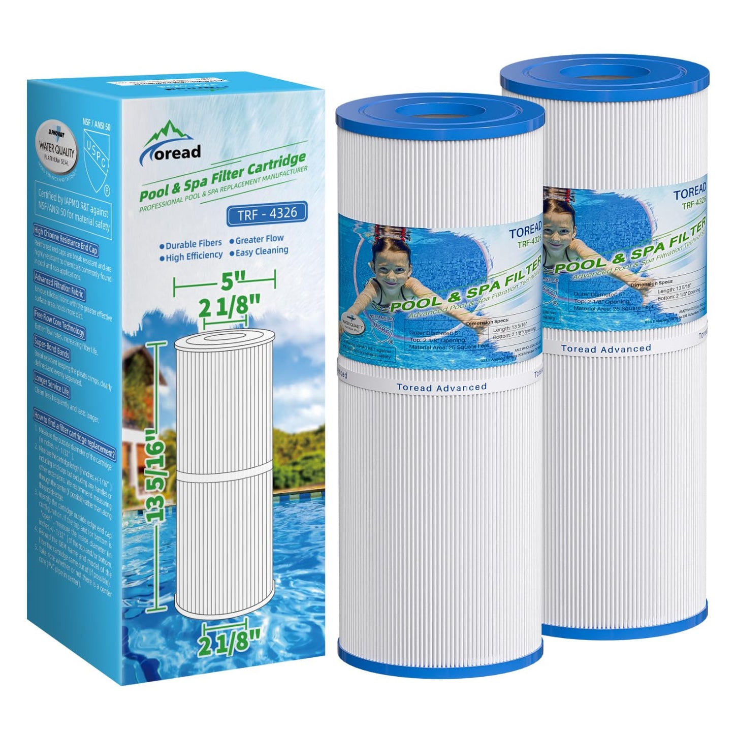 TOREAD Spa Replacement Filter for Pleatco PRB25-IN, Unicel C-4326, Filbur FC-2375, FC-2370, R173429, 3005845, 17-2327, 100586, 33521, 25392, 817-2500, Guardian 413-106, 5X13 Drop in Spa Filter, 2 Pack