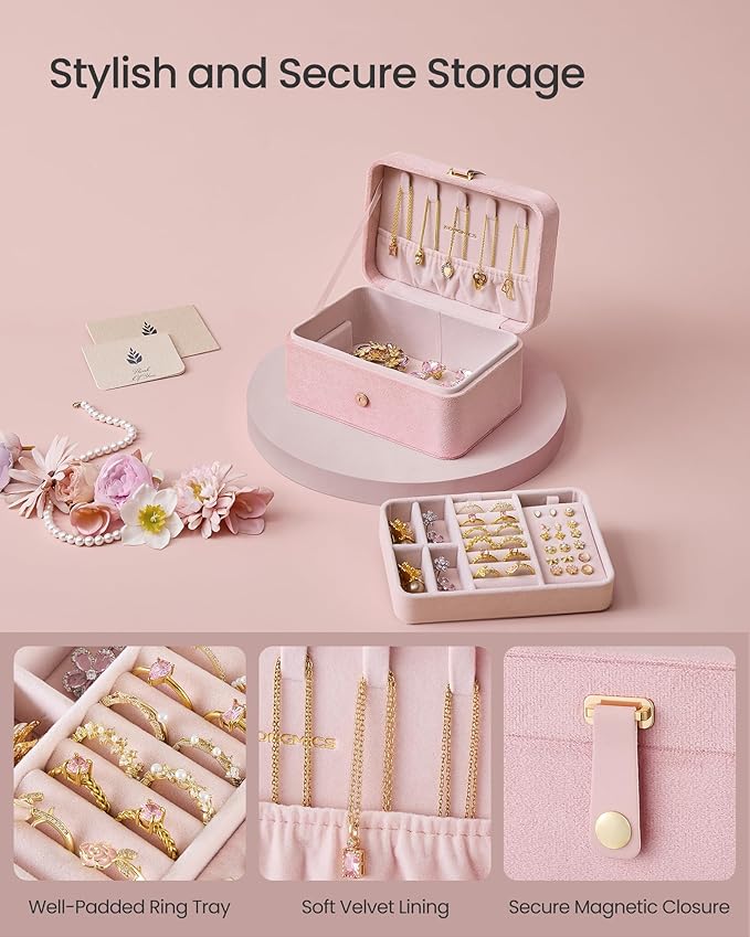 SONGMICS Jewelry Organizer Box, Travel Jewelry Case, 2-Layer Travel Case for Earrings, Necklaces, Bracelets - Portable Jewelry Storage with Large Capacity, Gift Idea, Jelly Pink UJBC166R02