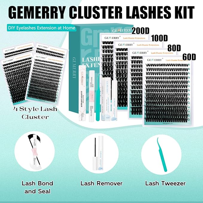 GEMERRY Lashes Clusters Kit Thick Lash Clusters 4 Styles 882Pcs Fluffy Lash Clusters Kit with Waterproof Bond and Seal Remover Tweezers for Beginners（60P+80P+100P+200P）