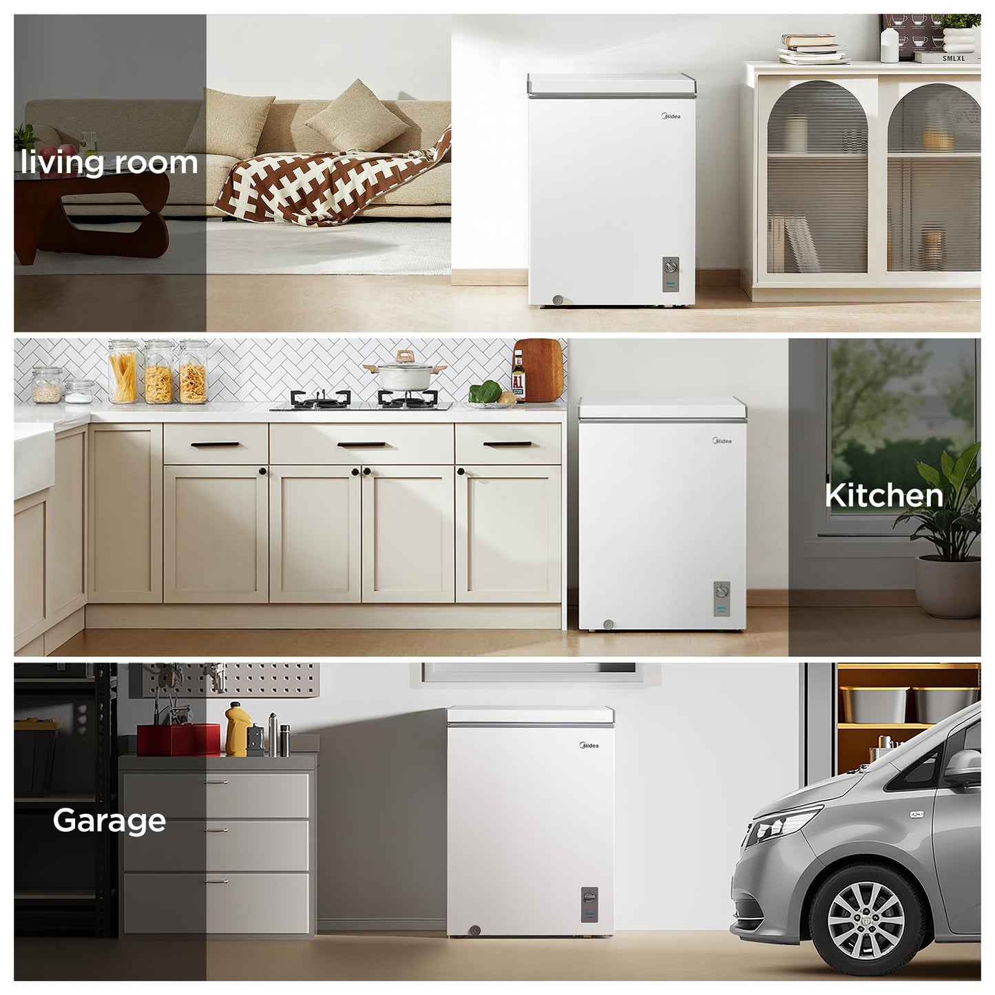 Midea MERC05C4BAWW Chest Freezer, 5.1 Cubic Feet Freezer With Removable Basket, Interior LED Light, Adjustable Temperature, For Kitchen Apartment Office, White