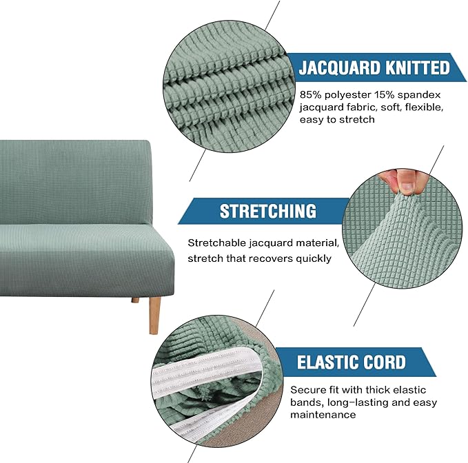 H.VERSAILTEX Armless Futon Cover Stretch Sofa Bed Slipcover Protector Elastic Feature Rich Textured High Spandex Small Checks Jacquard Fabric Futon Cover, Machine Washable, Sage
