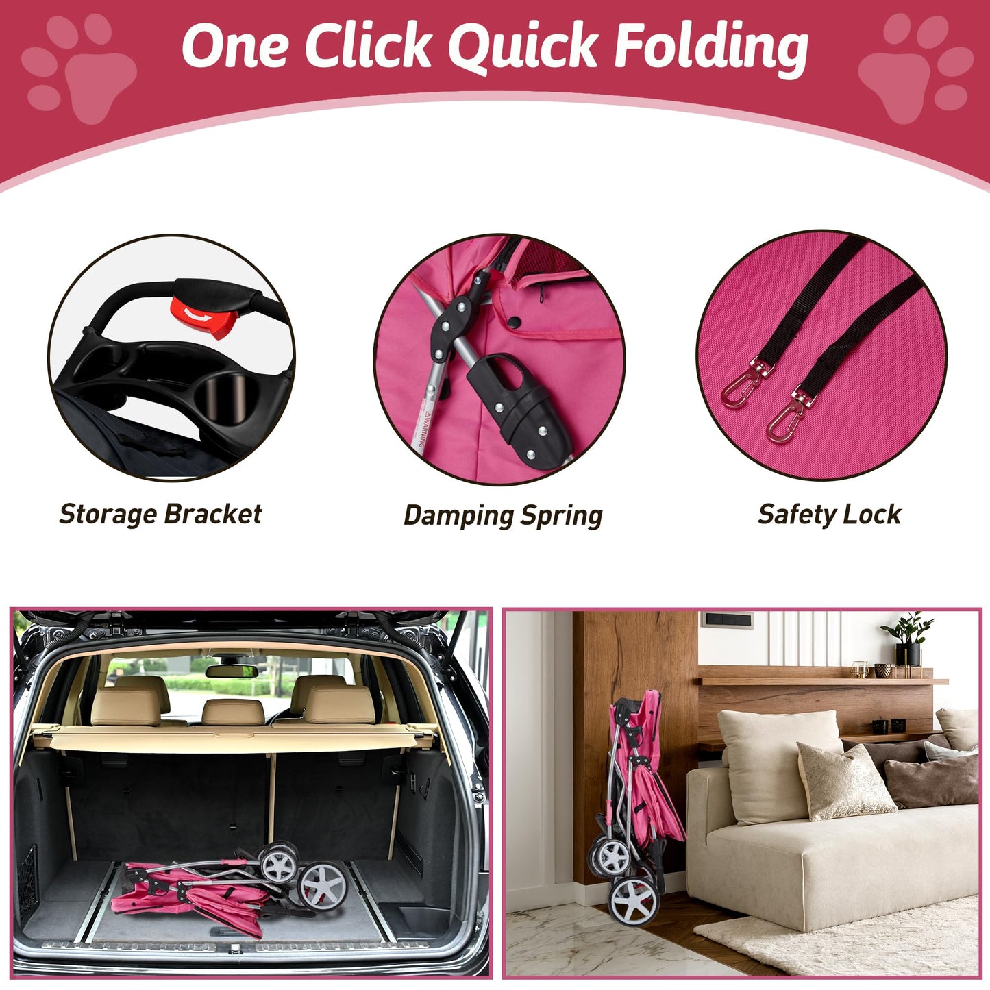 Azaeahom Pet Stroller, 4 Wheels Pet Strolling Cart for Medium/Small Dogs and Cats, Foldable Cat Jogger/Dog Stroller with Cup Holder, Storage Basket, Breathable Mesh, All-Season Pet Carrier, Pink