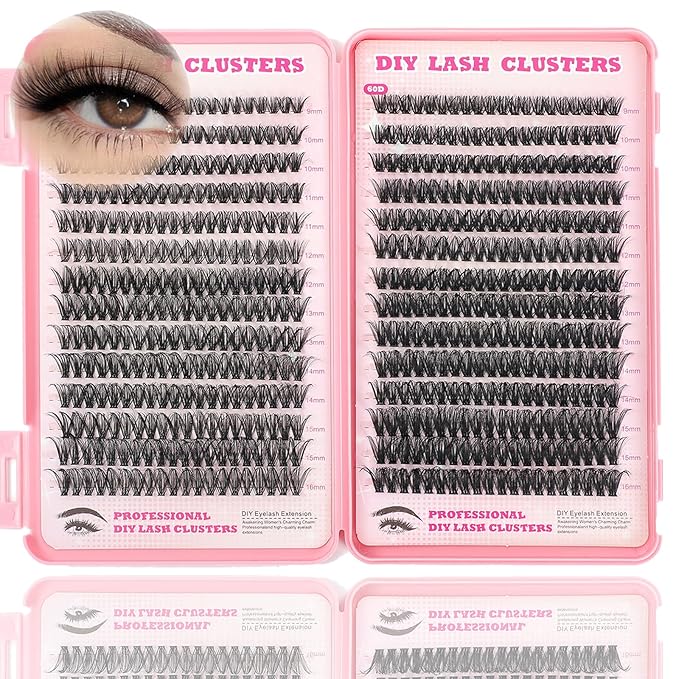 Lash Clusters Kit, 560 Pcs Eyelashes Clusters Kit 9-16mm Individual Lash Extension Kit D Curl Fluffy Wispy False Eyelashes (50D+60D, Lash Clusters)