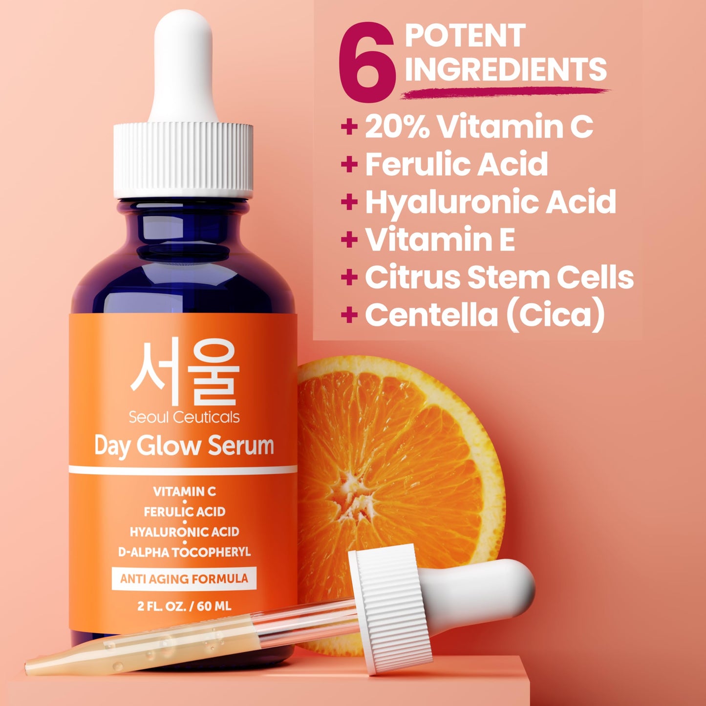 SeoulCeuticals Large 2oz Korean 20% Vitamin C Hyaluronic Acid Serum + CE Ferulic Acid - Potent Anti Aging Vit C, Anti Wrinkle K Beauty Skincare