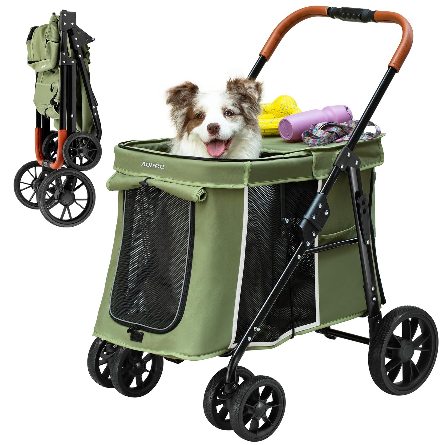 AOPEC Medium Dog Stroller, Dual Entry One-Touch Folding,Small and Medium Pet Stroller,360° Rotating Front Wheels,80 lbs Weight Capacity for Outdoor Travel and Elderly Dogs - Green