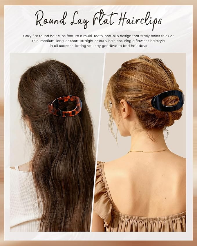 Mesovor 6 Pack Flat Hair Claw Clips, 4.33" Nonslip Large Round Lay Flat Hair Clips | Strong Hold French Flat Hairclips for Lying Down, Yoga, Driving (Tortoise Polished)