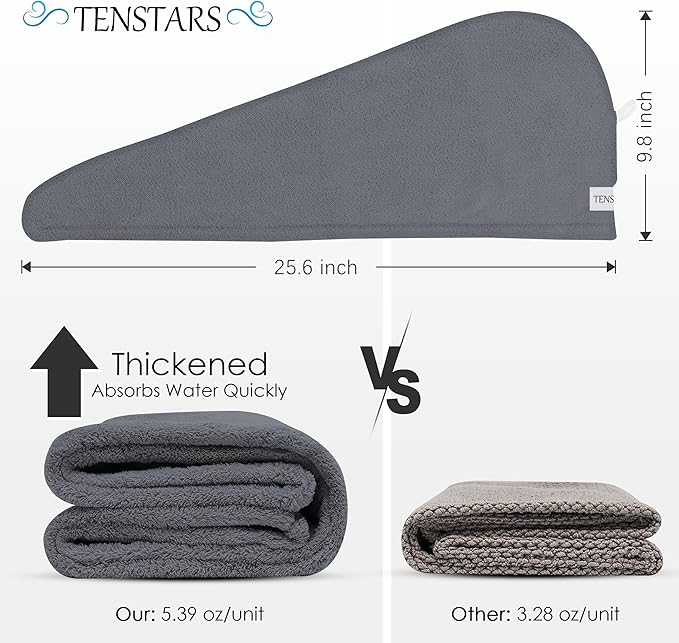 TENSTARS 5 Pack Thicken Microfiber Hair Towel Wrap for Women - Elastic Loop Design - 320GSM Coral Velvet - Quick Dry Hair Turban - 11x28 Inch (Dark Grey)