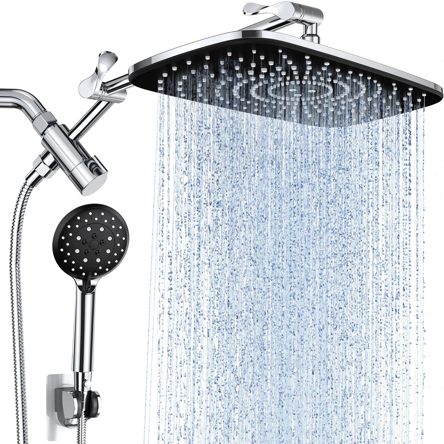 Veken Wide High Pressure Rain Shower Head with Handheld, Handheld Shower Heads with Multi Spray Modes, Rainfall Combo with 15" Metal Extension Arm,Detachable Dual Shower, Bathroom Decor,Chrome Silver