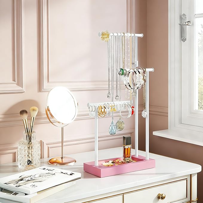 SRIWATANA Jewelry Organizer Stand, Extra Tall Necklace Holder Jewelry Holder, Gift Idea (Pink & White)