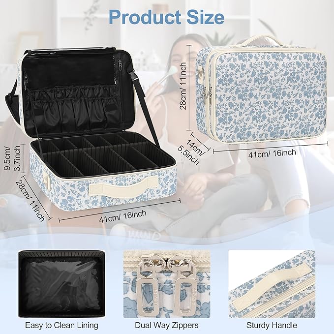 Relavel Large Makeup Bag, Floral Cosmetic Bag for Women, Professional Travel Train Case Portable Makeup Artist Bag Make Up Storage Organizer Box with Adjustable Dividers and Makeup Brush Compartment