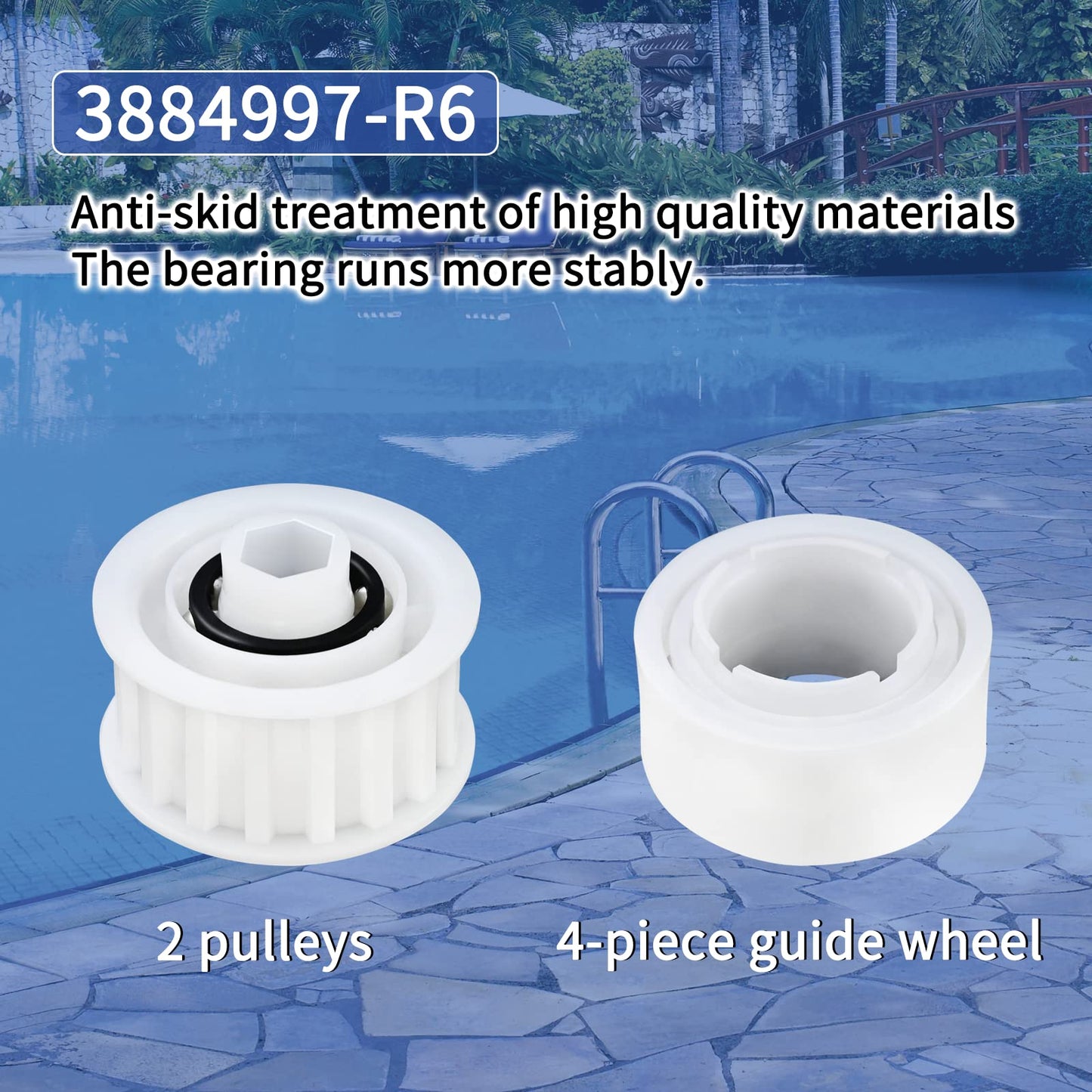 Upgrade 4 Pack Guide Wheels with 2 Pulley Gears, Part Number 3884997-R6, Replacement Compatible with Maytronics Dolphin, Nautilus CC Plus Automatic Robotic Pool Cleaner M200/M400/M500 &Dx3/Dx4/Dx6