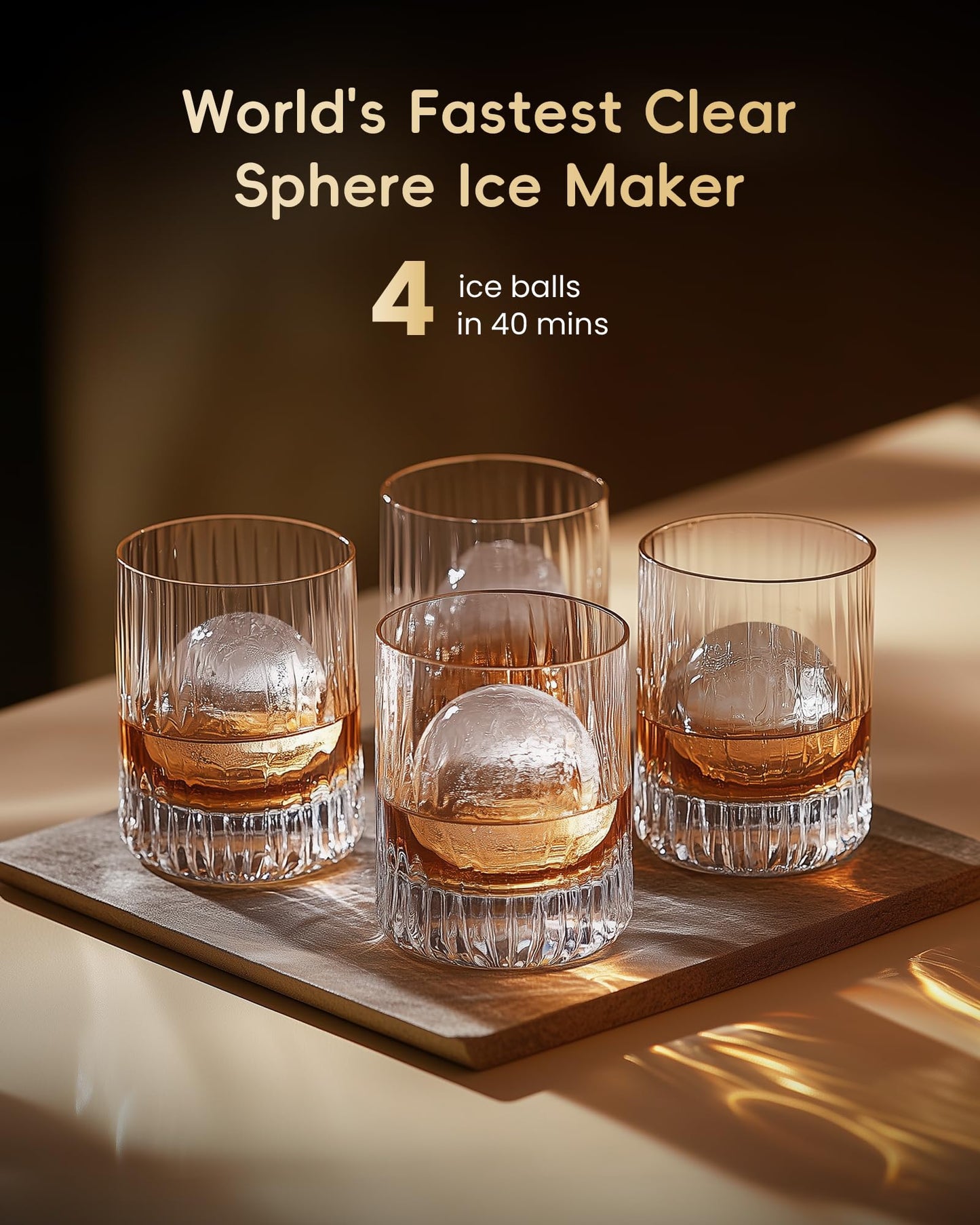 ecozy 2" Clear Ice Ball Maker Countertop with CrystalFlux Technology, 4 pcs in 40 Mins, 144 pcs/Day, Sphere Ice Maker with Enhanced Insulation, Automatic Water Supply, Self-Cleaning for Whiskey Bar