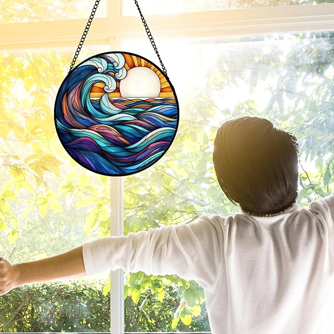 DASTOLL Stained Glass Window Hanging, Big Wave Sun Suncatcher Diamond Glass Panel Hangings Abstract Sun Catchers Decor for Birthday for Women, Men, Wife, Aunt, and Mom 7.8 in