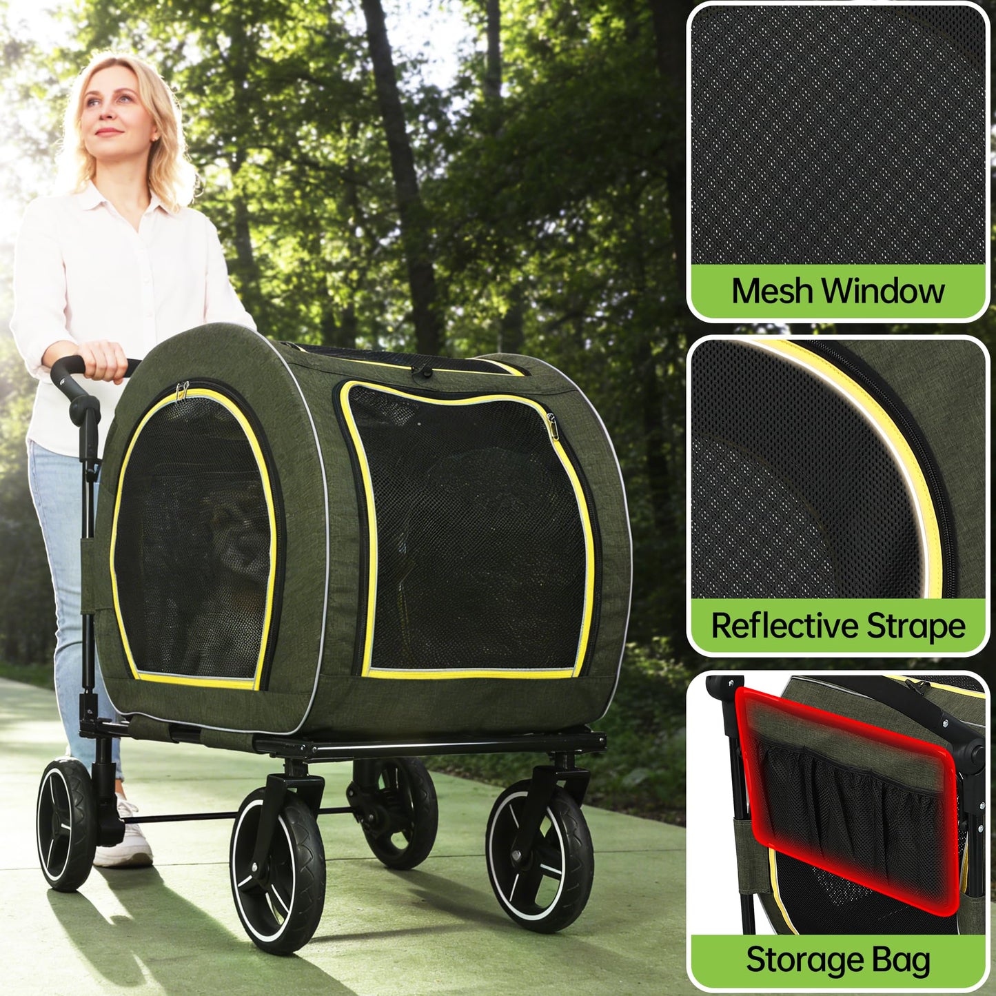 Saudism Pet Stroller for Dogs Cats up to 50 lbs, Foldable Dog Stroller with 360° Swivel Wheels, Detachable Carrier, Adjustable Handle, Travel Dog Stroller for Small Medium Large Pets, Green