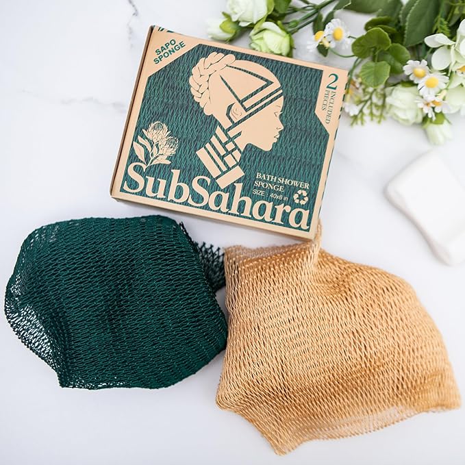 SubSahara Authentic African Net Sponge - 2 Pack Exfoliating Bath & Shower Loofah Sponge for Body & Face, Gentle Scrubber for All Skin Types, Travel, Durable (Golden & Forest Green)