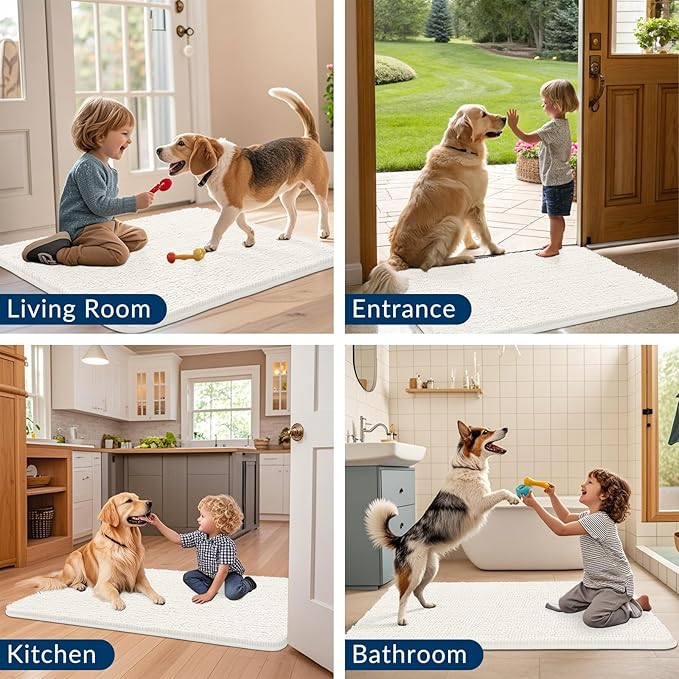 Smiry Dog Door Mat for Muddy Paws 30x20, Absorbs Moisture and Dirt Doormat, Non-Slip Washable Quick Dry Chenille Front Door Mat Indoor Entrance, Entryway Carpet for Inside Floor, Ivory