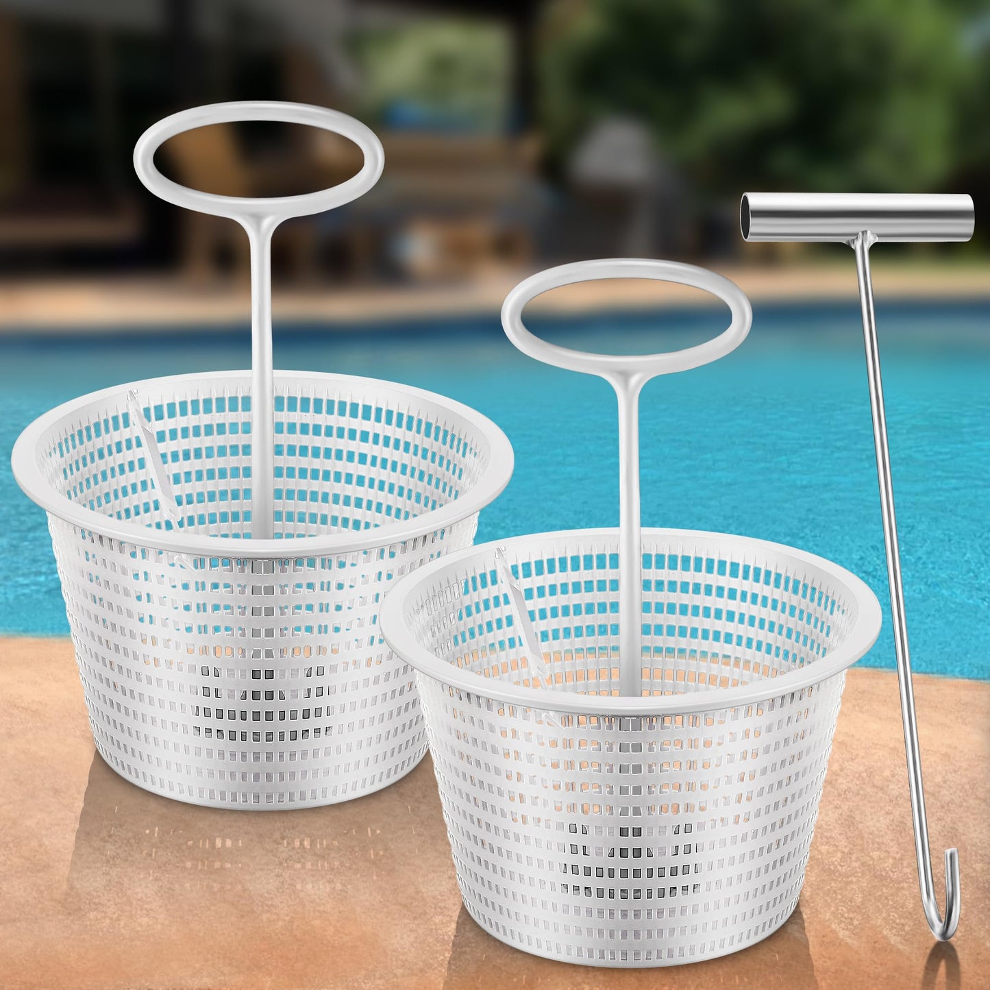 Saillong 2 Set 8" Pool Skimmer Basket for Inground Pool with 2 Skimmer Baskets Handle and 1 Stainless Steel Hook, White Universal Pools Filter Basket Skimmers for Debris Removal, Keep Hands Clean