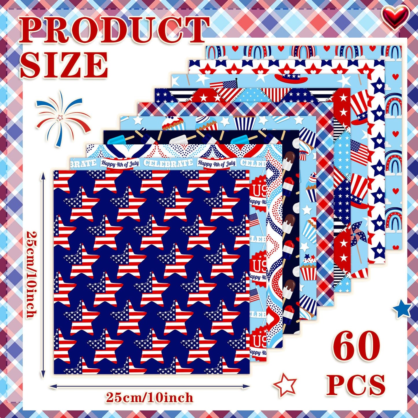 Ganeen 60 Pcs 10 x 10 Inch Red White Blue Quilting Fabric Squares 4th of July Fabric Bundle Patriotic American Flag USA Fat Patchwork Precut Strips for Memorial Day Handmade Material Sewing DIY Craft