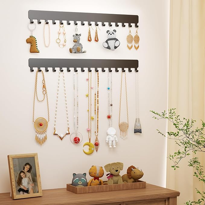 Necklace Holder - Extended Hanging Jewelry Organizer, Self-Adhesive, Wall Mount, 2 Pack, Black