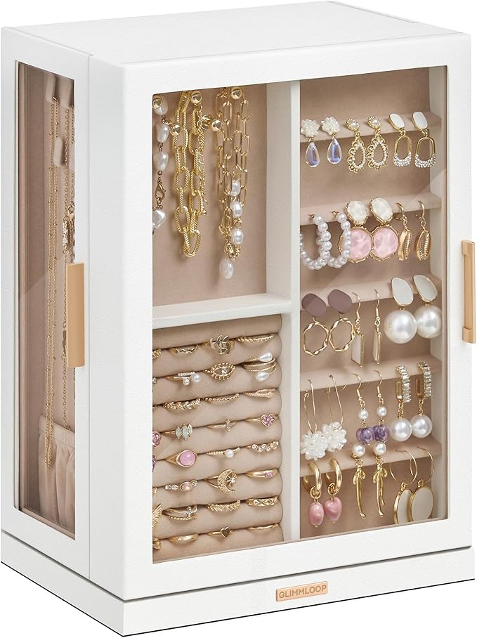 Glimmloop 360ÃÂ° Rotating Jewelry Box with 7 Drawers, Spacious Vertical Jewelry Organizer with Glass Window, Jewelry Storage Case, Dustproof & Moisture-resistant Design, White