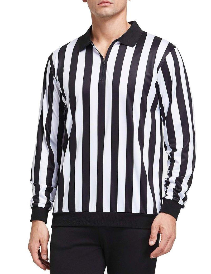 FitsT4 Sports Men's Official Black & White Stripe Referee Shirt Zipper Collared Long Sleeve Umpire Jersey Costume Pro Ref Uniform for Soccer Basketball Football Cosplay
