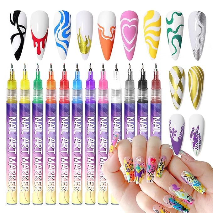 12 Color Nail Art Pens, 0.5 MM Nail Polish Pens Set Drawing Painting Point Liner Acrylic Painted Pen Kit, Waterproof and Quick-drying Nail for DIY Nails Art Design Manicure Tools