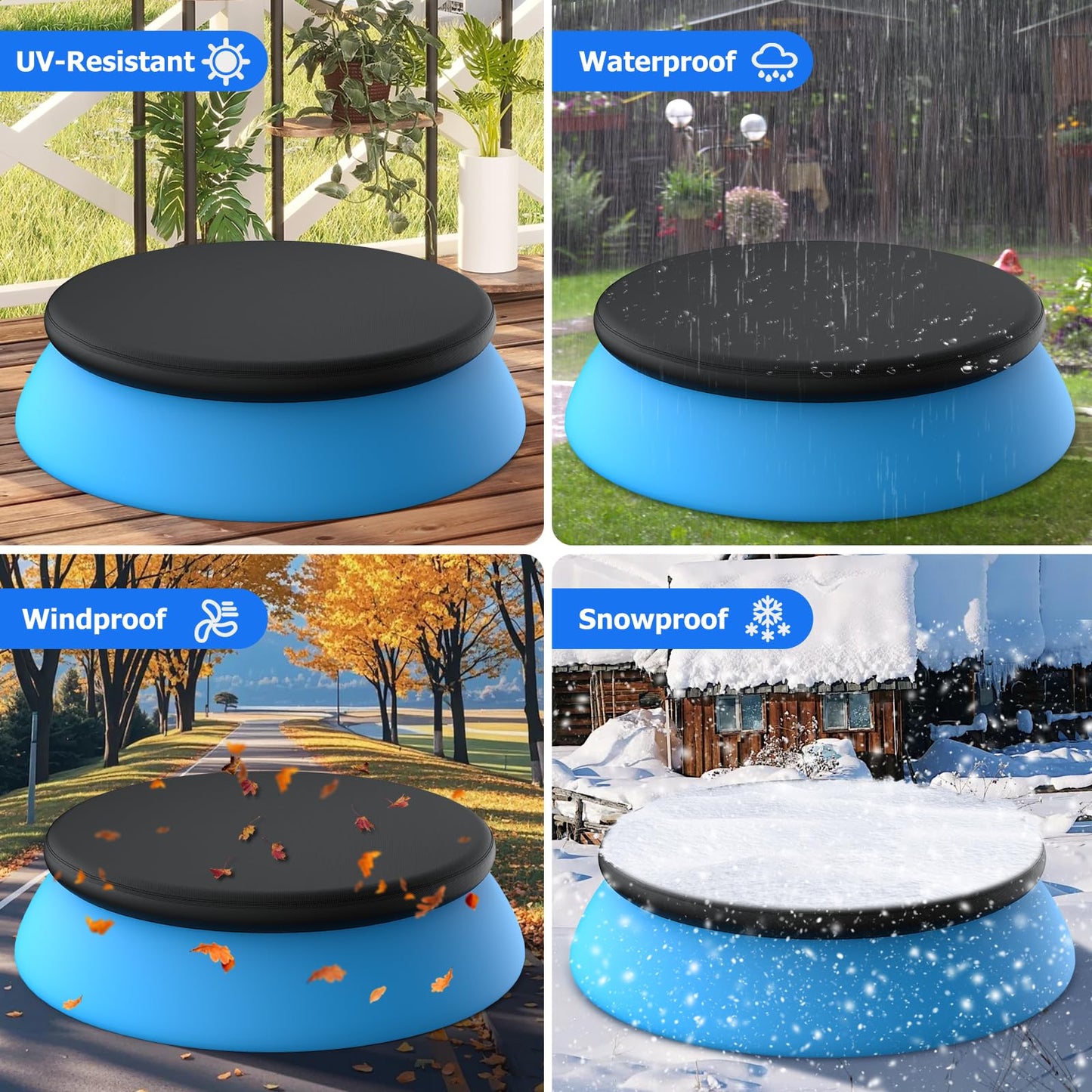 8 ft Round Pool Cover, Compatible with Intex/Bestway Outdoor Round Inflatable Above Ground Swimming Pool, Elastic Bands for Easy Installation, No Drain Holes, Prevent Leaves, Debris and Dust