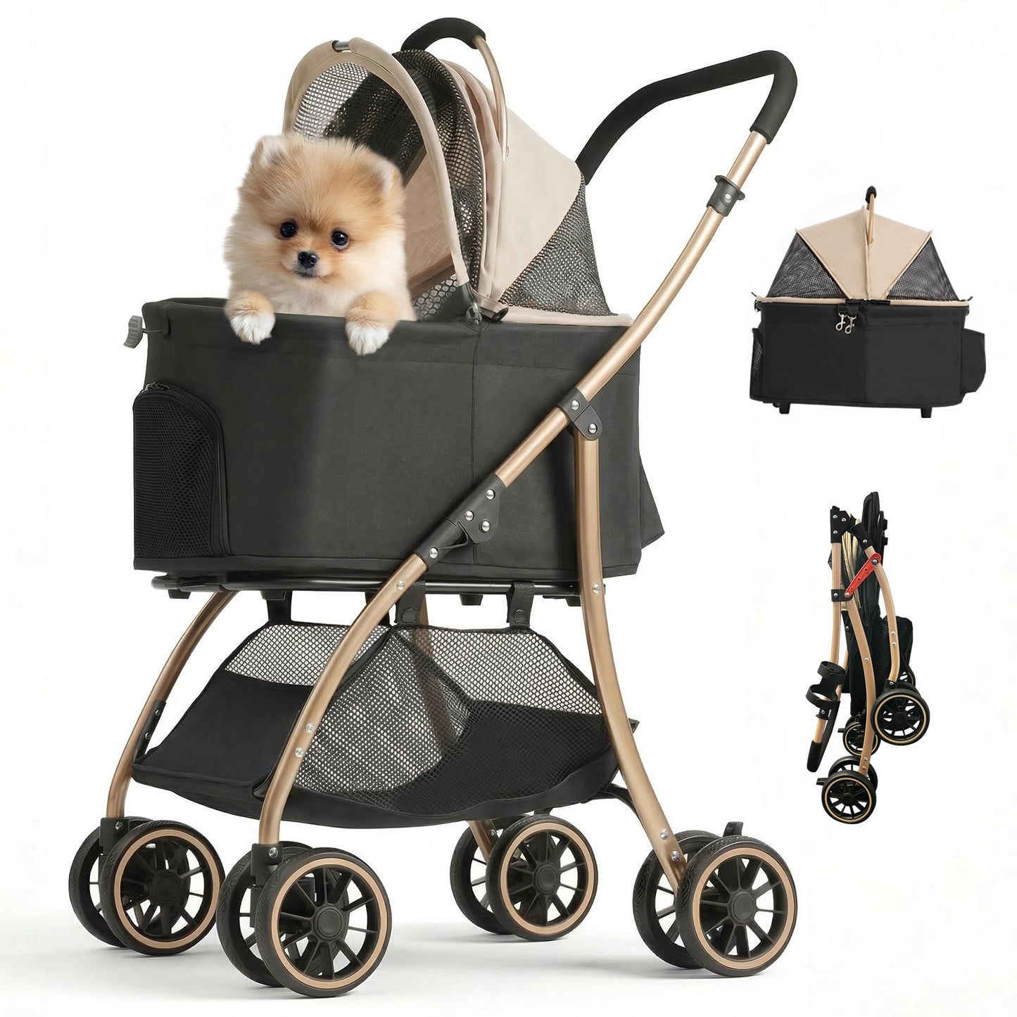 MILA&LOUIS Pet Stroller, 22" Pet Cradle for Small Dog, Dog Stroller with 4 Pu Wheels, 10Lbs Ultra-Light Dog&Cat Stroller for Small Pets, Max 22Lbs Capacity Detachable & Foldable Design with Cup Holder