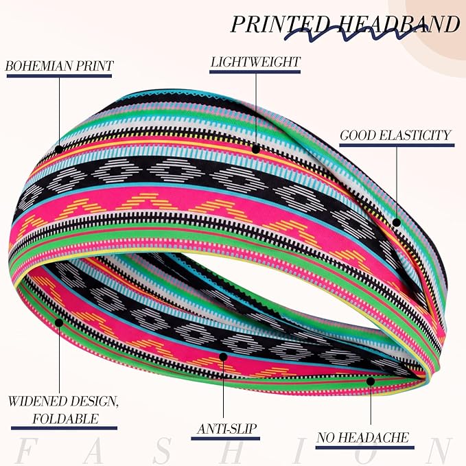 obeoby Sweat-Absorbing Hair Bands, 8 Pack Boho Headbands for Short or Long Hair - Stretchy Great for Yoga, Running, Workout,Hiking Gifts for Women