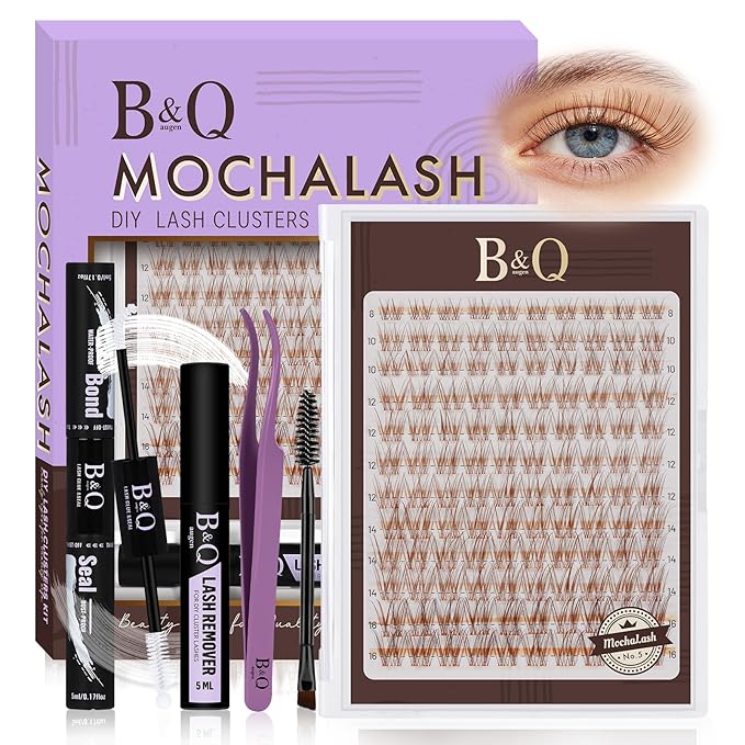 B&Q Brown Velure Lash Clusters Kit Natural Lashes Clusters, Wispy Light Brown Eyelash Cluster Kit C-8-16mm DIY Lash Eyelashes for Fair/Dark Hair, Lightweight & Invisible Band(Mochalash Velure 05 Set)