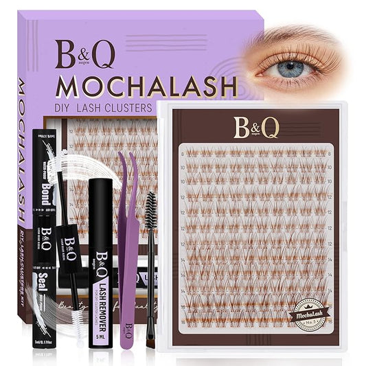 B&Q Brown Velure Lash Clusters Kit Natural Lashes Clusters, Wispy Light Brown Eyelash Cluster Kit C-8-16mm DIY Lash Eyelashes for Fair/Dark Hair, Lightweight & Invisible Band(Mochalash Velure 05 Set)