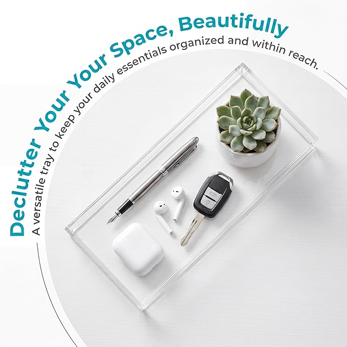 Peohud 3 Pack Acrylic Bathroom Trays, Clear Vanity Tray for Toilet Tank, Decorative Countertop Organizer for Perfume, Makeup, Cosmetics, Jewelry, Soap, Candle, Plant, 12 x 5.1 x 1.2 Inches
