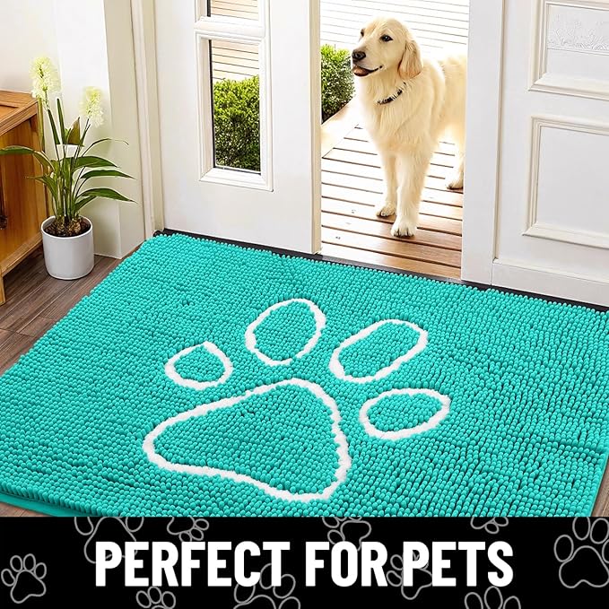 Smiry Dog Door Mat for Muddy Paws, Absorbent Dirt Trapper Non Slip Quick Dry Washable Chenille Mat for Mud Dogs, Entry Rug for Indoor and Outdoor (24x16 Inches, Turquoise and White)