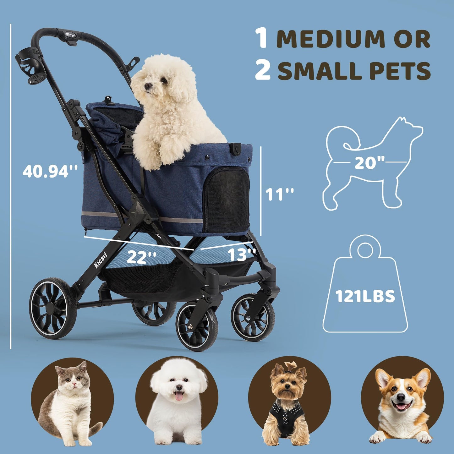 Kicari All-Terrain Dog Stroller for Small to Medium Dogs, Pet Stroller for Dogs & Cats Outdoor Walks, One-Hand Easy Fold, Double-Layer Anti-UV & Waterproof Canopy & Breathable Mesh, Midnight Blue