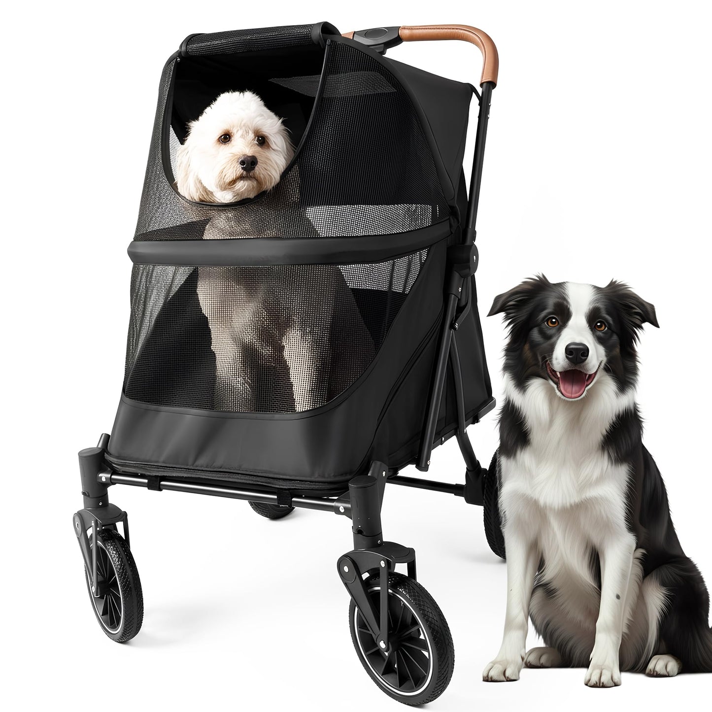 AdventEdge Premium Large Dog Stroller for Pets up to 55lbs, Dog Stroller for Medium Dogs, All-Terrain pet Stroller with Carbon Steel Frame & Breathable Mesh, Black & Grey (Large)