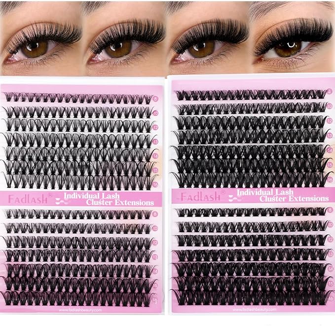 FADLASH Lash Clusters 546PCS Wispy Eyelash Clusters 30D+40D+50D+60D Individual Natural Lash Extensions 8-16mm Soft Thin Band DIY at Home